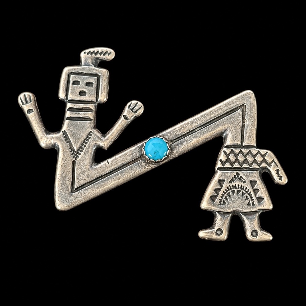Vintage Sterling Silver Turquoise Kachina Brooch Southwestern Artisan Pin